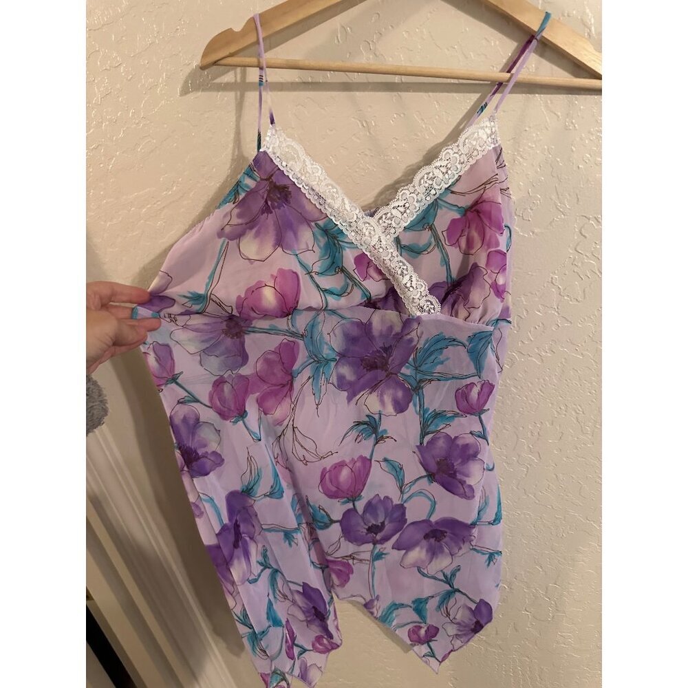 Y Vintage Sunny USA Purple Floral Whimsical Asymmetrical Top - Picture 2 of 8